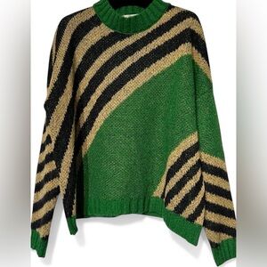 Niccolai Mohair Blend Fuzzy Sweater Green Tan Striped Medium